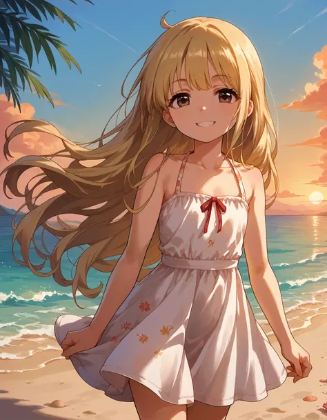 score_9,score_8_up,score_7_up,1girl,solo,standing,looking at viewer,smile,sunset,beach,
<lora:futabaanzu_ponyXLV6:0.8>,cgfa,
blonde hair,long hair,brown eyes,flat chest,
sundress