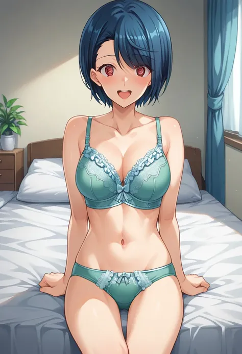 score_9, score_8_up, score_7_up, source_anime, indoors, 1girl, solo,looking at viewer, happy,indoors,medium breasts,Blue hair, short hair, red eyes,asymmetrical hair,medium breasts,green bra,green panties, bra and panties,frilled bra,bow panties,frilled un...