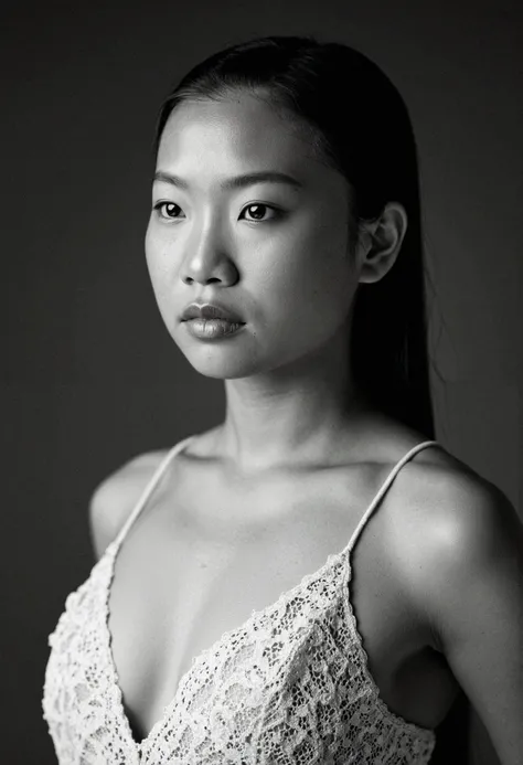 This is a black-and-white photograph of a young Asian woman with a serene, contemplative expression. She has a light skin tone and straight, dark hair pulled back into a low ponytail. Her facial features are delicate and symmetrical, with a small, straight...