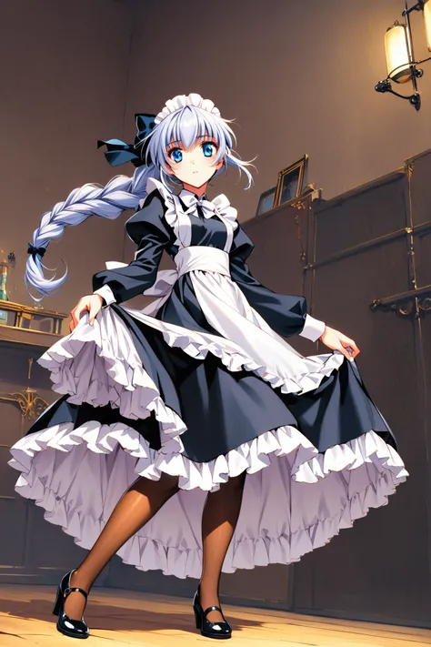 Teletha Testarossa,1girl,solo,telethamaid,grey hair,hair bow,blue eyes,braided ponytail,floating hair,black footwear,high heels,mary janes,black dress,long dress,brown pantyhose,frills,petticoat,maid apron,long apron,maid headdress,long sleeves,white bowti...