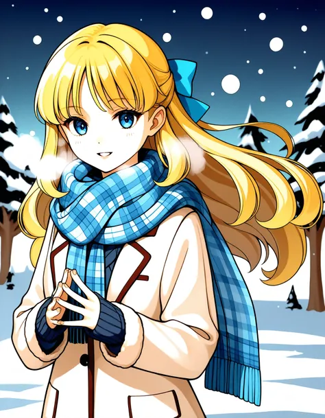 1girl,solo,smile,good limb,good anatomy,very aesthetic,absurdres, 1girl,solo,scarf,long hair,blue eyes,long sleeves,parted lips,upper body,blush,bangs,snowing,coat,hair bow,bow,blue scarf,breath,sleeves past wrists,own hands together,plaid scarf,jacket,fin...