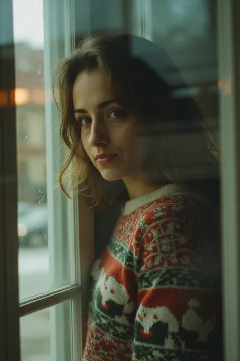 A captivating 35mm film shot unfolds, and the camera captures a woman through a frosted window. Wearing a Christmas sweater, she looks directly at the viewer, her skin glows under her tousled hair, partially obscuring her face. The soft lighting illuminate...