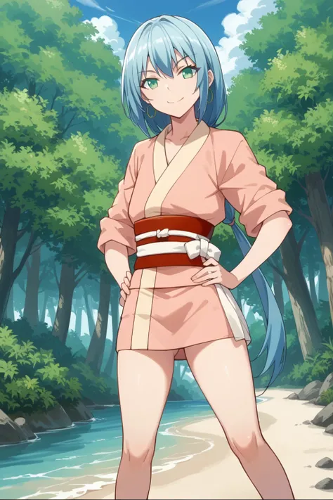 score_9,score_8_up,score_7_up, source_anime, Chr_ling, green eyes, blue hair, earrings, kimono, sash, hands on hip. smile, spread legs, standing, looking at viewer, beach, trees