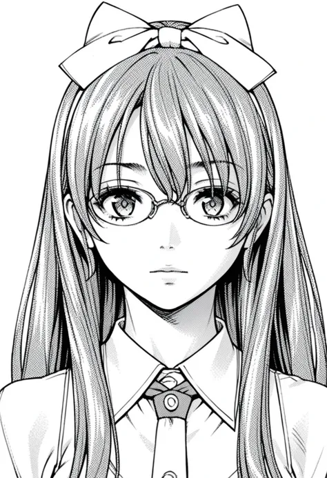 score_9, score_8_up, score_7_up, source_anime,(extremely detailed CG), (best quality),monochrome, greyscale,
,1girl,long hair, hair bow,glasses,face , front view,