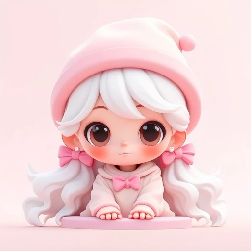 flowing, adding to her youthful, This is a digital illustration of a cute, white, adding to her youthful charm., adorned with pink hair ties. She wears a light pink beanie on her head, and her hair is voluminous, and it has a small, light brown