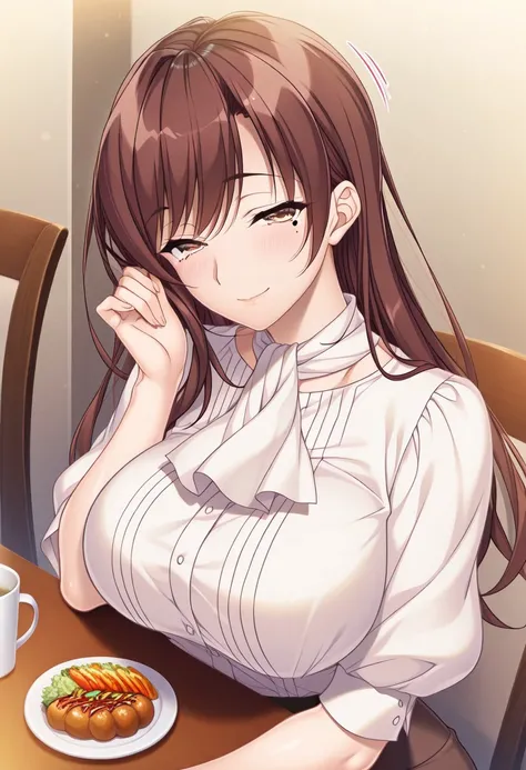 masterpiece, best quality, newest, highres, uncensored, 1girl, yokota mamoru style,1girl, slender face，motion lines,torogao,looking at the viewer,seductive smile,blush
Tachibana Iori,Brown Hair, Ponytail, Sidehair, Straight Hair, Waist Length Hair,Long Hai...