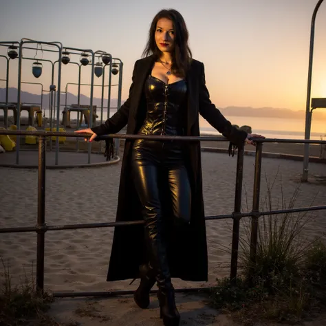 ladya <lora:Lady-absinthe:1>  cinematic, golden hour lighting ,dark gothic young woman, wearing a beautiful high nick black blouse, black leather pants, a  long gothic coat,big high leather boots, looking directly at the viewer with nice smile, teeth, Shes...