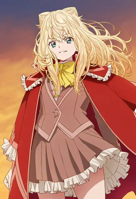 kawazu yuri, blue eyes, blonde hair, long hair, cone hair bun, red cape, brown jacket, yellow bow, frills, red accents, 
cowboy shot, looking over shoulder, smirking confidently, messy hair, freckles, wind blowing hair, background of sunset, dynamic perspe...