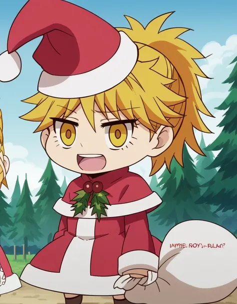 score_9, score_8_up, score_7_up, source_anime, <lora:yuuka-sasaki-s1-ponyxl-lora-nochekaiser:1>, yuuka sasaki, short hair, blonde hair, yellow eyes, ponytail, anime screencap, <lora:padoru-ponyxl-lora-nochekaiser:1>, padoru, padoru (meme), holding sack, sa...