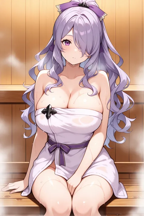 masterpiece, best quality, 1girl, solo, <lora:fecamilla-illu-nvwls-v2_1-000006:1> hsCm, lavender hair, wavy hair, long hair, hair over one eye, ponytail, hair ribbon, purple ribbon, naked towel, purple towel, cleavage, (huge breasts:0.8), looking at viewer...