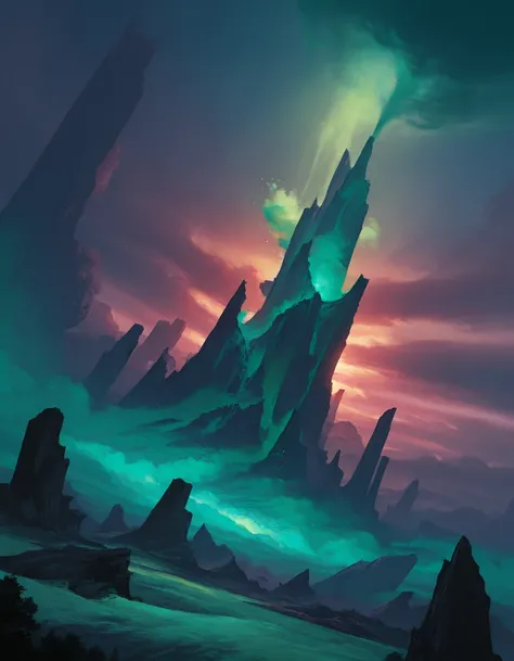 painted world, highly detailed, radical, dramatic angle, masterpiece, best quality, official art, magnificent lighting,otherworldly structures in the distance ,  Putrid, toxic fumes and foul odors permeating the air, causing physical and mental anguish , D...