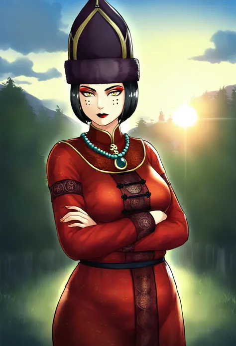 1girl, black short hair, bright yellow eyes, asian, medium breasts, oval face, plump,
dress, necklace, jewelry, long sleeves, makeup, chinese clothes, red dress, traditional clothes, fur hat, mongol,
forest, sun, clouds,
crossed arms, looking at viewer,
 <...