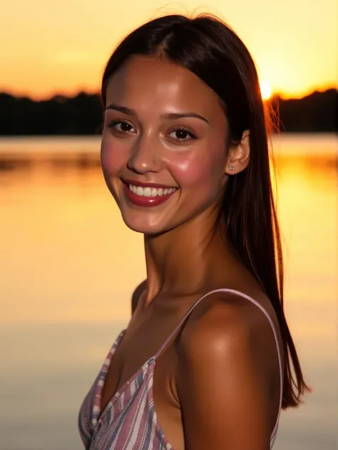 <lora:Jessica_Alba:1> woman, smiling, a high-quality, extremely-detailed, extremely-realistic photograph, wearing a modest sundress and flipflops, background is sunset over a crystal clear lake with a surface as smooth as glass, lighting and smoke effects,...