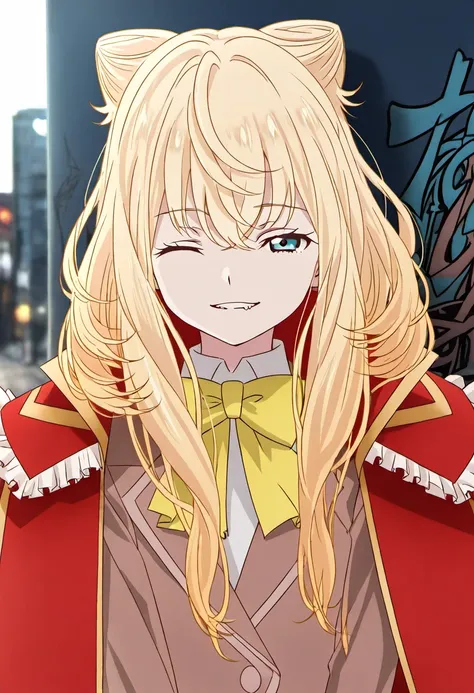 kawazu yuri, blue eyes, blonde hair, long hair, cone hair bun, red cape, brown jacket, yellow bow, frills, red accents, 
biting a stick, grinning, squinting, urban street background, graffiti, carefree and playful tone, one eye closed, sleepy, half closed ...