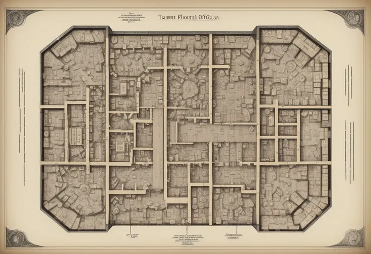 Surreal office floorplan map. old, designed to confuse people, complex, english text