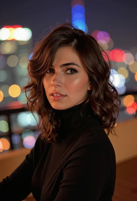 A woman at a chic, urban rooftop bar, looking at the camera with sophisticated charm. Shes wearing a sleek, black turtleneck that contrasts beautifully with the background. Her hair is styled in voluminous, glamorous waves that frame her face. The backgrou...