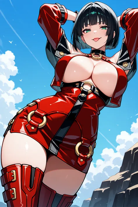 masterpiece, best quality, 1girl, solo, <lora:ggino-illu-nvwls-v1-000006:1> xrdino, black hair, medium hair, bob cut, green eyes, lipstick, choker, o-ring top, red crop top, cleavage, bare shoulders, off-shoulder, short dress, red dress, detached sleeves, ...