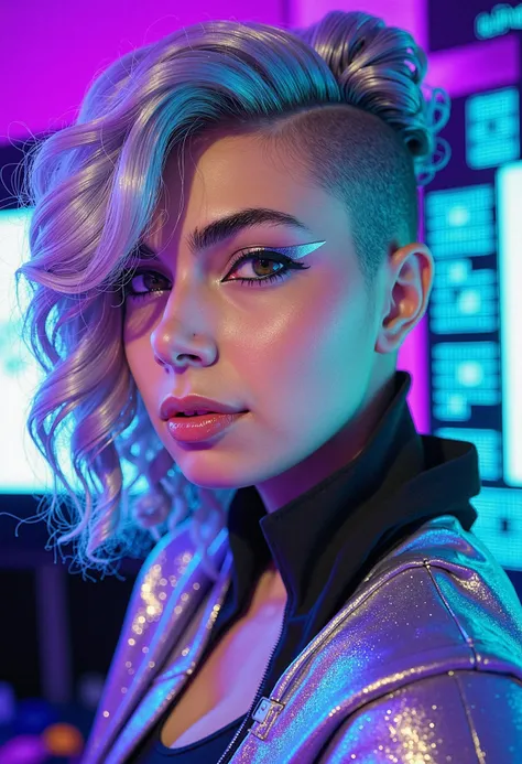 A woman at a cyberpunk tech fair, embodying futuristic flair. Her hair is shaved on one side and styled into voluminous curls dyed in iridescent shades of blue, silver, and lavender. Shes wearing a high-necked, holographic jacket with metallic eyeliner tha...