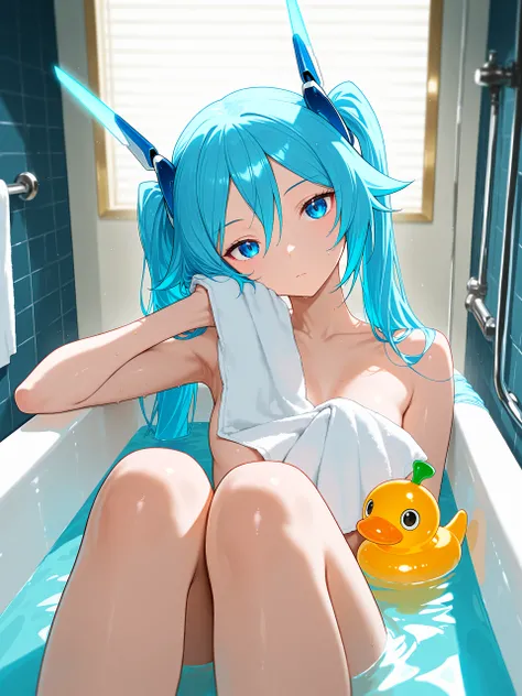 1girl, <lora:tailblue40:1>, ttailblue, headgear, sitting in bathtub, rubber duckie, head tilt, nude, holding towel,
volumetric lighting, 
high resolution, ultra-detailed, absurdres, masterpiece, best quality, good quality, newest