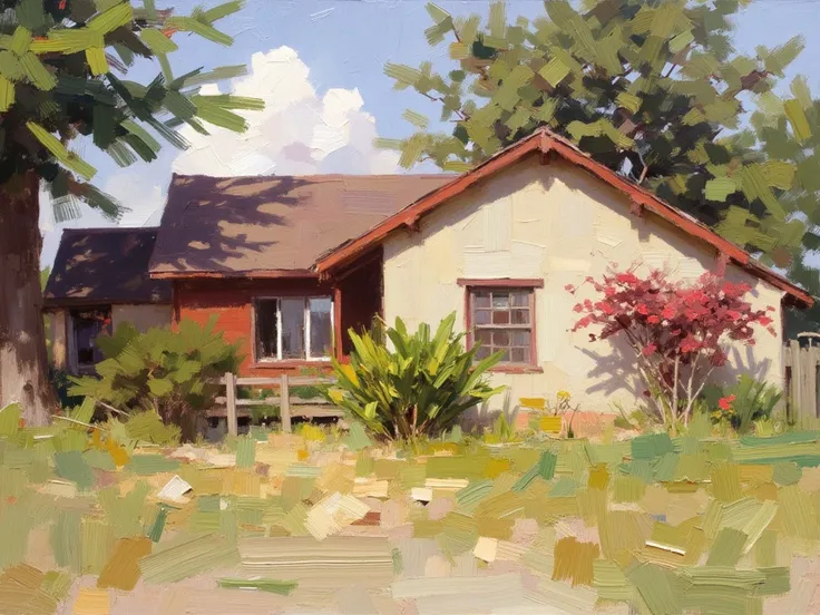 PNTNG, big brush strokes, house, sitting at home, sunny day, clear sky