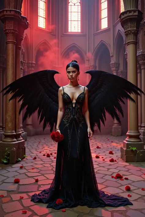 A woman with dark, majestic wings stands in an ancient stone courtyard surrounded by towering gothic arches, with windows that emit a haunting red glow. She is adorned in a flowing, midnight-black gown with intricate, shimmering patterns that catch the sof...