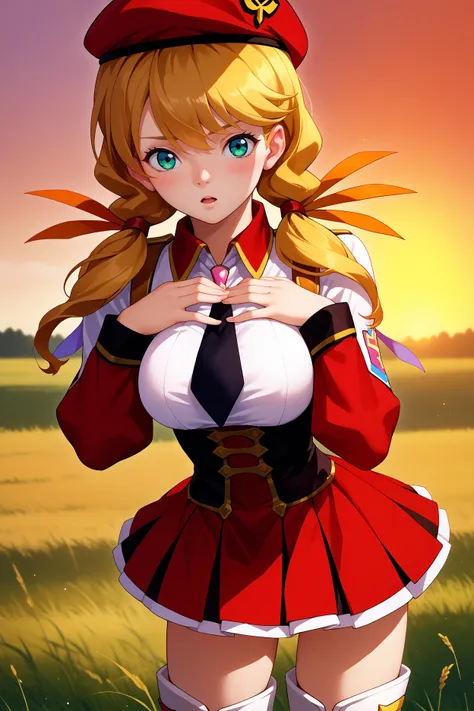 score_9, score_8_up, score_7_up, score_6_up, source_anime, 1girl, solo, <lora:oldrinzevon-pdxl-nvwls-v1-000005:1> oldrin, blonde hair, low twintails, red ribbon, red beret, white shirt, black necktie, red sleeves, red uniform, puffy sleeves, corset, red sk...