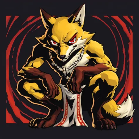 <lora:Majoras_Mask_Concept_Art_Style_-_Pony_XL-000011:1> score_6_up, score_7_up, MMStyle, 1boy, fox, yellow fur, tall, squatting, smirk, evil, red eyes, loin cloth, abstract background, black background, rainbow background, dark shadows, saturated colors