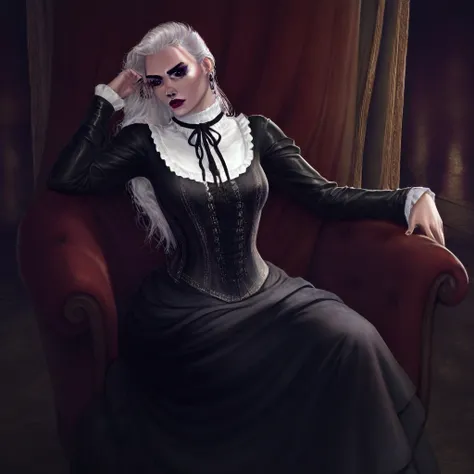 best quality, masterpiece, krysdeckerStyleIL, semi-realistic, 1girl, goth, goth girl, white hair, mascara, eyeshadow, corset, victorian, victorian dress