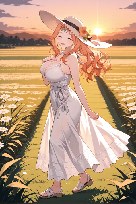 masterpiece, best quality, 1girl, solo, <lora:fecornelia-illu-nvwls-v2_1-000006:1> crnlia, orange hair, wavy hair, long hair, circlet, large breasts, white sundress, lace trim, looking at viewer, sandals, hair flower, sun hat, walking, from side, meadow, c...