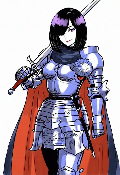 1girl, black hair, pale skin, purple eyes, hair over one eye, medium hair, medium breasts, red lipstick,
closed mouth, smile,
armor, weapon, breastplate, sword, shoulder armor, holding, plate armor, gauntlets, cape, pauldrons, holding weapon, holding sword...