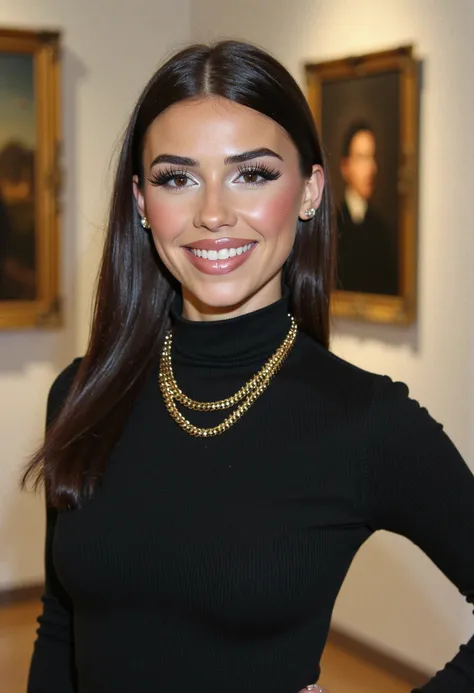 A professional headshot of a woman wearing false lashes, luminous foundation, golden contour, and clear lip gloss. Shes in a fitted black turtleneck with a gold chain necklace, standing in an art gallery with a warm, inviting smile. <lora:LeahHaltonV2_8_Fl...