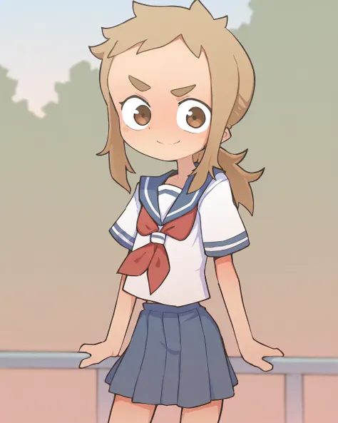 masterpiece, best quality, orenji, 1girl, solo, minahibino, brown eyes, blonde hair, low ponytail, blue sailor collar, red neckerchief, blue skirt, looking at viewer, cowboy shot, standing, smile, park