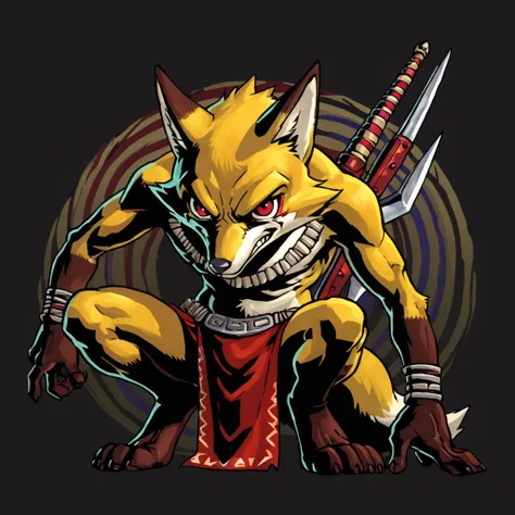 <lora:Majoras_Mask_Concept_Art_Style_-_Pony_XL-000011:1> score_6_up, score_7_up, MMStyle, 1boy, fox, yellow fur, tall, squatting, smirk, evil, red eyes, loin cloth, abstract background, black background, rainbow background, weapon, dark shadows, saturated ...