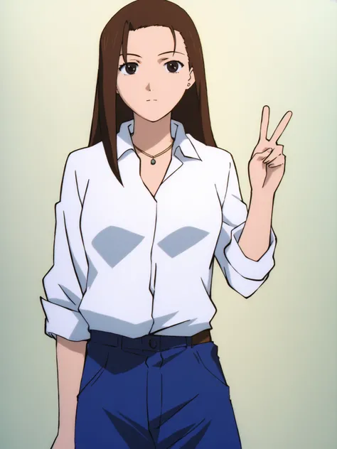 <lora:Iwakura_Mika_ILv0a:0.7> iwakura_mika_(sel), anime screencap, perfect hands, medium breasts, uncensored, white collared shirt, necklace, blue pants, simple background, peace sign,