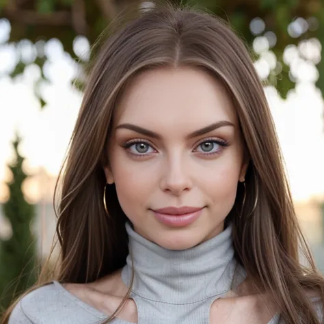 head shot, glamorous woman, DiabentleyV1_TMs, cotton turtleneck shirt, beautiful smile, blue eyes, brunette, enclosed garden