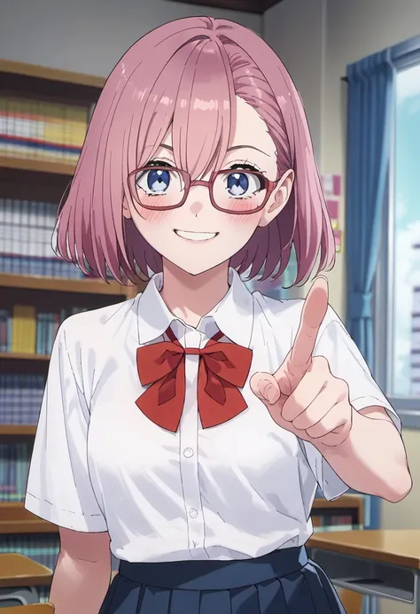 score_9, score_8_up, score_7_up, source_anime, amano ririsa, short hair, pink hair, blue eyes, glasses, shirt, blush, bow, school uniform, smile, white shirt, indoors, looking at viewer, 1girl, solo, bookshelf, red bow, bowtie, pointing