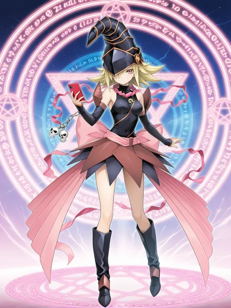 gagaga girl,1girl,solo,magic circle,smartphone,official art,hair over one eye,hexagram,black skirt,black wizard hat,black leotard,black detached sleeves,pink ribbon,pink necklace,black knee boots,holding smartphone,full body,gradient background,gold neckla...