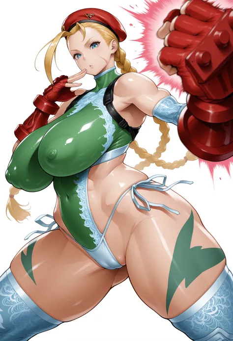 bonten style,1girl,cammy white,ninja,huge breasts,(ornate clothes:1.4),(multicolored clothes:1.3),(covered nipples:1.2),sagging breasts,huge penis,curvy,wide hips,thighhighs,elbow gloves,side-tie panties,white panties,cameltoe,masterpiece,amazing quality,v...