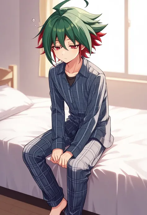 masterpiece, best quality, 
yuya, 1boy, male focus, solo, red eyes, multicolored hair, two-tone hair, green hair, red hair, ahoge, hair between eyes, spiked hair, bangs,  pajama, plaid pajama, barefoot, sleepy,
indoor, bed, sitting,