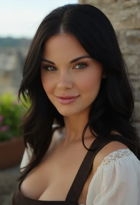 the image is a high-quality professional  close-up photograph of  beautiful jaydenicole with straight black hair.  She is wearing apron. She is looking directly at the viewer and smiling. The background is castle. This photo is a headshot. Shot with small ...