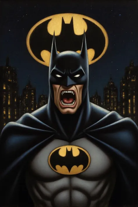 janver1 painting. Close up of Batman shouting angrily. Background is the bat signal on a dark night sky. <lora:janver3_handc_d6a3e13:1.0><lora:806196397176135699:0>