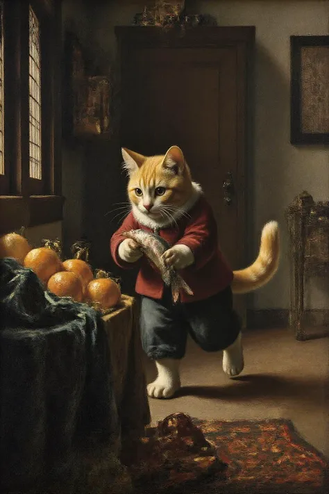 janver1 painting of a golden tabby stealing a fish, running away in a market  <lora:janver3_handc_d6a3e13:1.0><lora:806216656536927264:0>