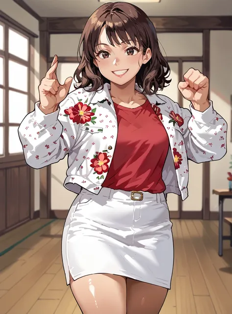 score_9, score_8_up, score_7_up, score_6_up,source_anime anime screencap,, uncensored,  shiny skin, anime coloring,    <lora:KazumiHoshikawa:1>kazumihoshikawa, solo, shirt, smile, jacket floral print,  thick thighs,  shiny skin, indoors white_Skirt, medium...