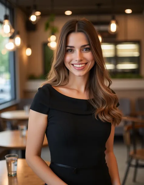 <lora:Sophie_XDT_Flux:1>  beautiful detailed photograph, hair cascading over her shoulders, wearing a boatneck dress, standing in a cafe, looking at the viewer, smile