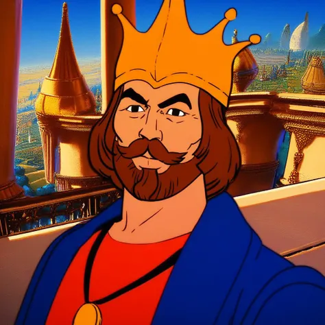 score_9, score_8_up, KingRandor, brown hair, medium hair, black eyes, facial hair, mustache, gold crown, blue coat, red tunic, medallion, looking at viewer, smile, dynamic pose, detailed background, dutch angle, palace, balcony, blue sky, landscape, portra...