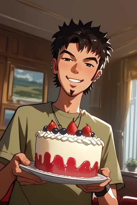 score_9, score_8_up, score_7_up, source_anime, rating_questionable, realistic shading, natural lighting, looking at viewer, expressive face, trentd, black_trentd_hair, black_trentd_facial hair, black_trentd_eyes, 1boy, cute theme, holding a cake, male focu...