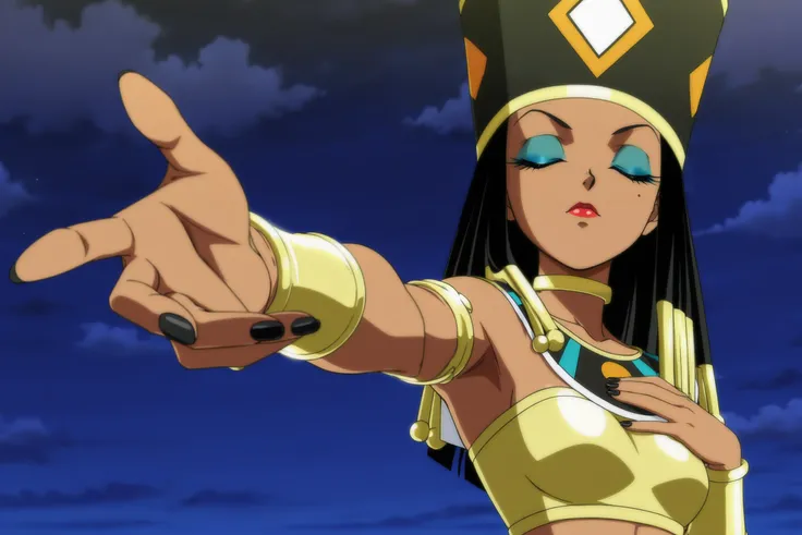 anime screencap, absurdres, high quality,  official style, 
helles, official style, 1girl, solo, dark-skinned female, egyptian, egyptian clothes, long hair, black hair, hair ornament, closed eyes, mole under eye, eyelashes, makeup, eyeshadow, closed mouth,...