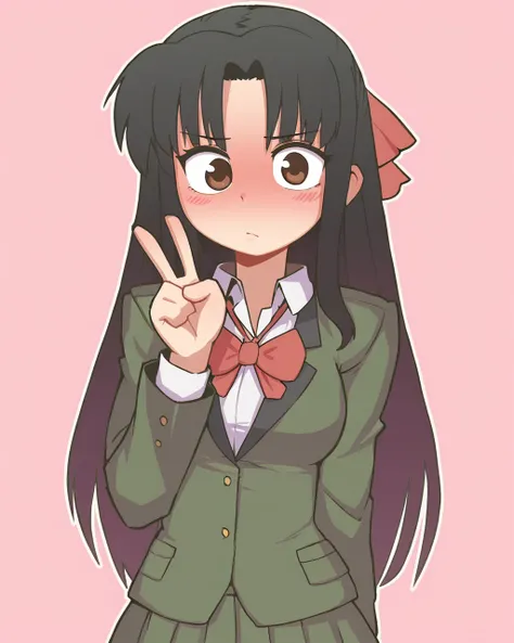 masterpiece, best quality, orenji, 1girl, solo, nanachigusa, school uniform, green blazer, red bow, green skirt, v, expressionless, blush, standing, portrait, looking at viewer, (bedroom:1.2)