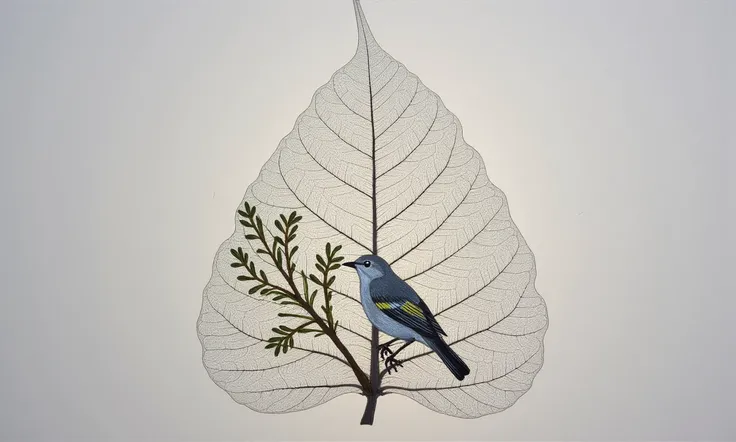 peplatr , Detailed painting of a small bird on a translucent leaf.  A delicate, light-gray leaf, featuring intricate veining, forms the canvas. The bird, positioned mid-leaf, is a small, grayish-white bird with subtle black and yellow markings, indicative ...