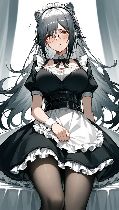 score_9, score_8_up, score_7_up, score_6_up, 1girl, glasses, different perpectives, showing thighs, no background, embarassed, minimalist dress, schwarz (arknights),maid_headdress,black_dress,wrist_cuffs,puffy_short_sleeves,mole_under_eye,large_breasts,fri...